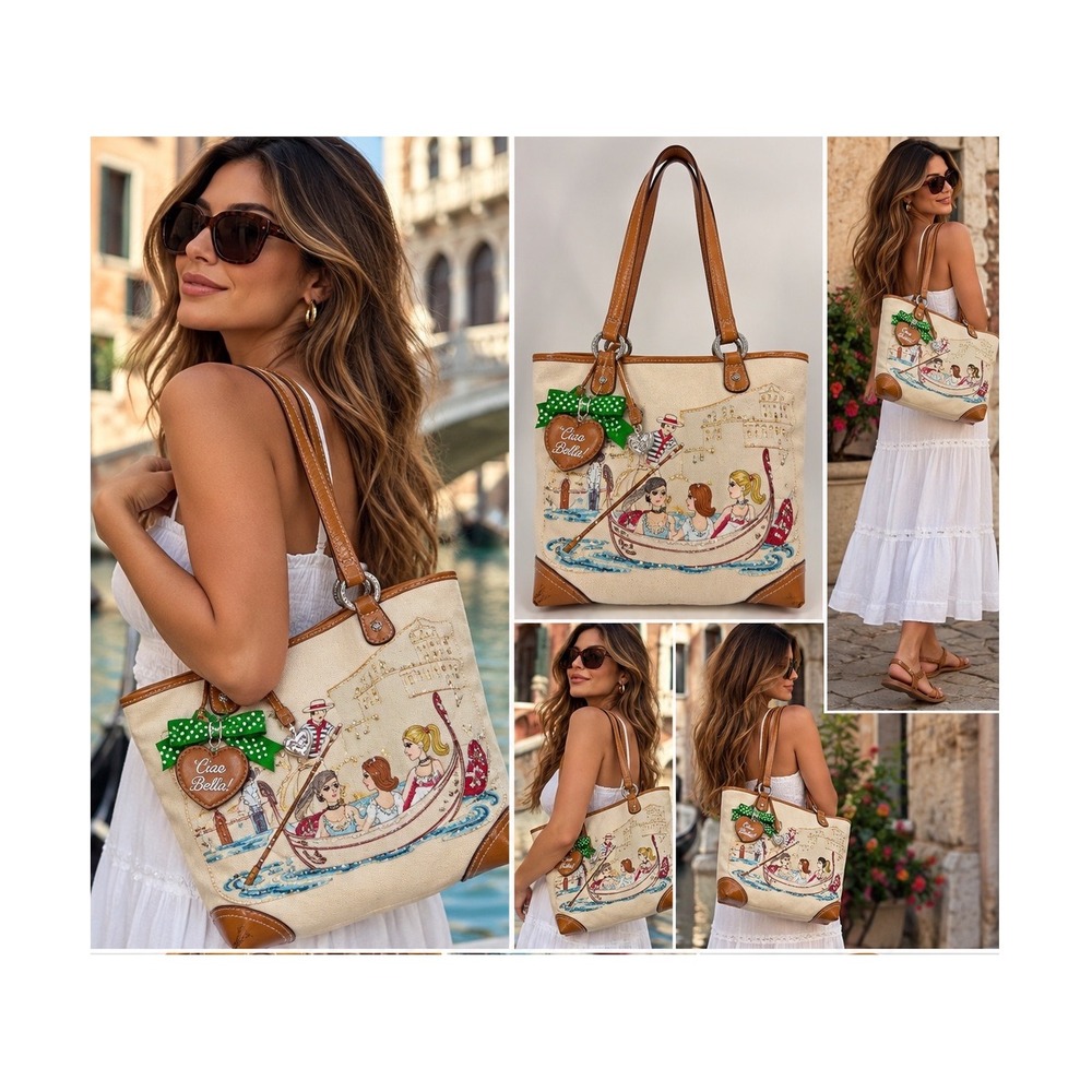 Brighton Ciao Bella Canvas Leather Tote Bag Embroidered Italy NWT $220 H5220H